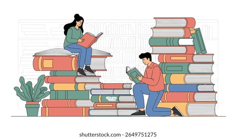 Two people enjoy reading surrounded by stacks of colorful books creating a serene atmosphere of learning and knowledge discovery