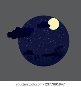 Two people enjoying the beauty of the full moon at night between huts and trees with a cloudy sky