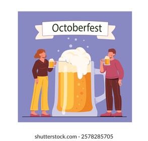 Two people enjoying beer near a large mug with froth, a banner reading Oktoberfest above, on a purple background. Festive celebration concept. Vector illustration