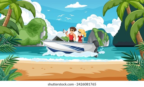 Two people enjoying a boat ride by the beach.