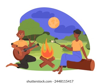 Two people enjoying a campfire in a natural setting, one playing guitar, the other roasting a marshmallow, in a flat graphic style on a day-to-night background. Flat cartoon vector illustration