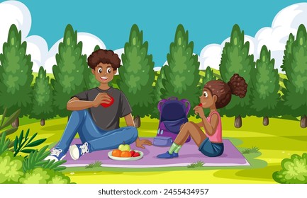 Two people enjoying a picnic in a lush park.