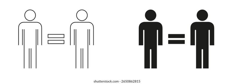Two People Equality Symbol Icon Set. Human Rights, Equality, And Social Justice Outline And Silhouette Symbol Collection. Representation Of Equal Treatment And Fairness. Isolated Vector Illustration.