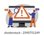 Two people examining a computer screen with a warning sign, flat graphic style, on a white background. Concept of cybersecurity. Vector illustration