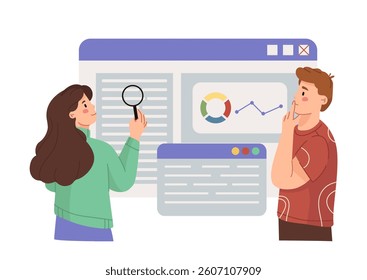 Two people examining data and graphs on a large web interface with charts and documents, flat style on white background. Concept of teamwork and analysis. Vector illustration
