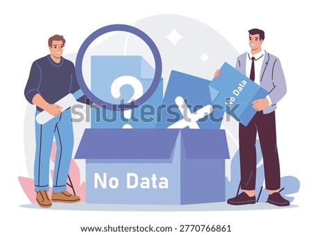 Two people examining empty files and symbols in a clean cartoon style on a light abstract background, presenting a concept of missing information. Hand-drawn vector illustration