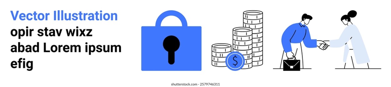 Two people exchange a key as symbol of trust in business dealings. Coins and a lock highlight financial security. Ideal for finance, security, business, technology, cooperation. Banner for landing