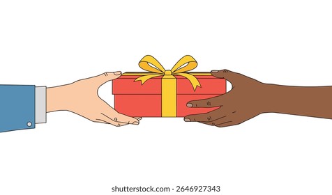 Two people exchanging a beautifully wrapped red gift box tied with a yellow ribbon and bow