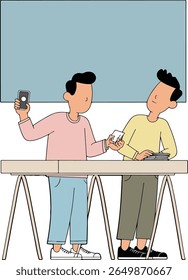 Two people exchanging business cards at a desk. One person is holding a phone, while the other has a stack of cards.
