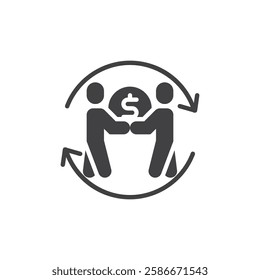 Two people exchanging coins vector icon. P2P filled flat sign for mobile concept and web design. Peer-to-Peer glyph icon. Decentralized transaction symbol, logo illustration. Vector graphics