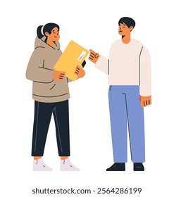 Two people exchanging documents communication business interaction casual attire diverse characters simple design white background