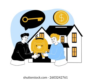 Two people exchanging a golden piggy bank in front of a house, with a key and dollar coin symbolizing investment and savings. The illustration has a modern, minimalistic style. Vector illustration