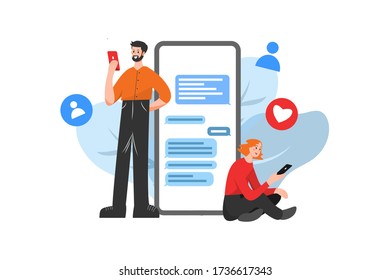 Two people are exchanging information via social networks, behind is a phone displaying messages