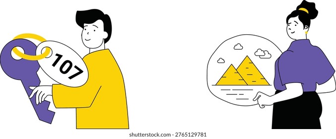 Two people exchanging a key labeled 107 and a vision of pyramids in a desert landscape together