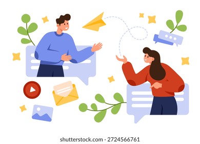Two people exchanging messages with chat bubbles, paper plane, email, and media icons representing digital communication, teamwork, and online conversation vector illustration