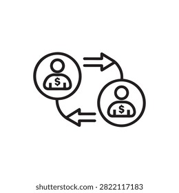 Two people exchanging money in circular icons with directional arrows