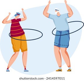 Two people exercising with hula hoops, joyful adults engaging in fitness. Fun workout activity, healthy lifestyle concept vector illustration.