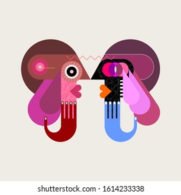 Two people face to face looking at each other. Contemporary abstract art vector illustration isolated on a light background. Side view.