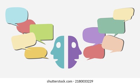 Two People Faces Talking Between With Speech Bubbles - Stock Illustration