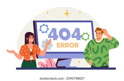 Two people facing a computer screen with 404 error message, cartoon style, on a light background. Concept of website error. Vector illustration