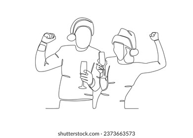 Two people feasting on drinks. New years eve one-line drawing