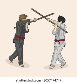 two people fighting with long sticks