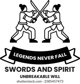 Two people are fighting with swords in the style of sign illustrations