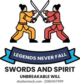 Two people are fighting with swords in the style of sign illustrations