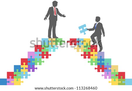 Two people find connection to team up on puzzle in a merger make a deal or collaborate