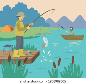 Two people fishing on the lake. Fisherman on the shore and a man with a fishing rod in the boat. Abstract minimalistic landscape with mountains.
