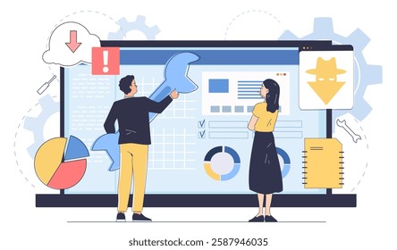 Two people fixing cybersecurity issues on a large screen with charts, warning signs, and hacker icons. Digital security and system maintenance concept. Vector illustration