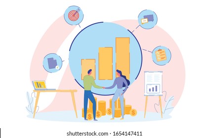 Two People Flat Characters, Shake Hands. Satisfaction. Joy Project. Consistency Decision-making. Web Page Site. Positive Dynamics, Sustainable Development Project. Multicolor Background.