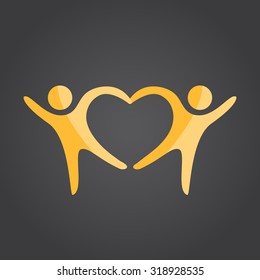 Two People Form Heart Shape Holding Hands, 2d Vector On Dark Background, Eps 10