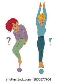 two people in the form of question and exclamation marks. pensive girl and enthusiastic guy. characters for web site, logo, office, presentation. Business concept.