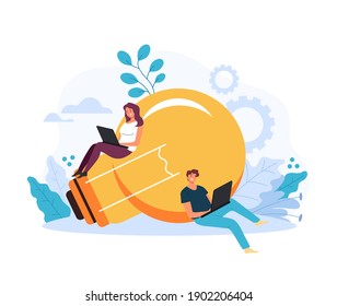 Two people freelancer man woman character developing business idea strategy. Fresh good idea start up concept. Vector flat graphic design illustration