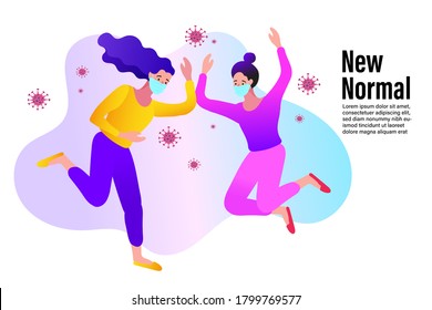 Two people friends greet by bumping elbows instead of greeting with a hug or handshake. Don't shake hands. flat design illustration.