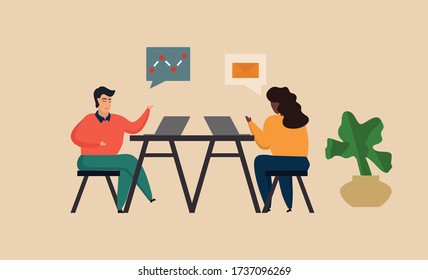 Two  People In Front Of Their Computers At The Desk Discussing Business Strategy. Cartoon   Vector Illustration.  