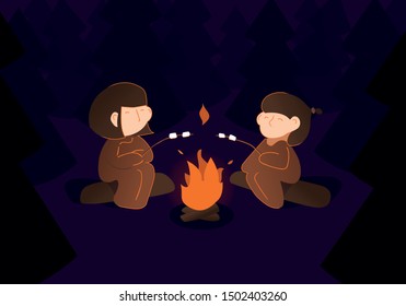 Two people fry marshmallows at a stake in a dark and scary forest