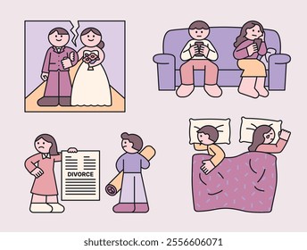 Two people get married, drift apart, and sign divorce papers. Illustration of small and cute character people.
