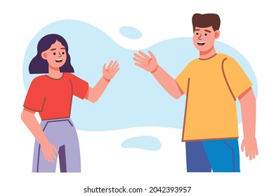 two people, a girl and a guy, greet each other and stand opposite each other. young students greet each other