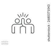 Two people give high five icon. Simple outline style. People together holding hands with their hands raised up, friendly greeting, teamwork concept. Thin line symbol. Isolated design editable stroke.