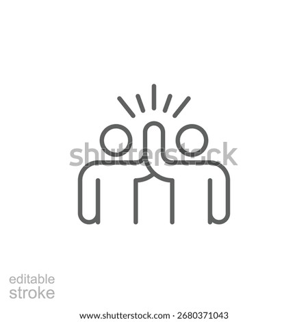 Two people give high five icon. Simple outline style. People together holding hands with their hands raised up, friendly greeting, teamwork concept. Thin line symbol. Isolated design editable stroke.