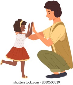 Two people giving five with hands together. Man and his child in casual clothes greeting each other. Father and daughter give five and rejoice. Happy characters during greeting vector illustration