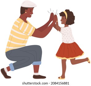 Two people giving five with hands together. Man and his child in casual clothes greeting each other. Father and daughter give five and rejoice. Happy characters during greeting vector illustration