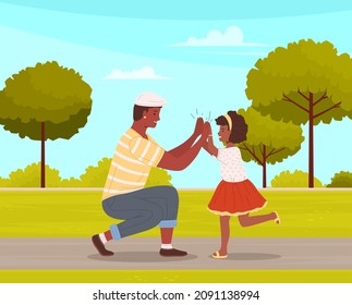 Dos personas dando cinco con las manos juntas. El hombre y su hijo vestidos de forma casual se saludan mutuamente. Padre e hija dan cinco y se regocijan. Personajes felices durante la ilustración del vector de saludo