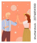Two people giving high five, standing with hands together. Man and woman in casual clothes greeting each other. Characters give five and rejoice. Happy couple during greeting vector illustration