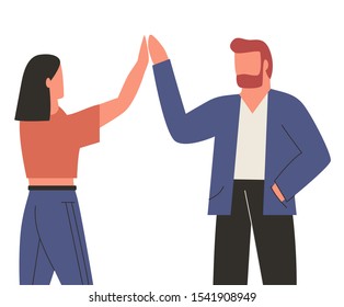 Two people giving high five isolated on white background. Happy man and woman greeting each other. Flat vector illustration