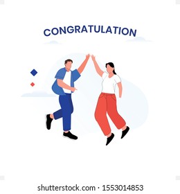 Two people giving high five to celebrate the happy moment of the day, happy man and women greeting each other vector illustration