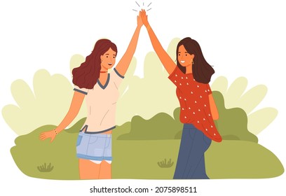 Two people giving high five, standing happily with hands together. Smiling women greeting each other. Female characters give five and rejoice. Happy girls during greeting isolated on white background