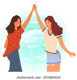 Two people giving high five, standing happily with hands together. Smiling women greeting each other. Female characters give five and rejoice. Happy girls during greeting isolated on white background